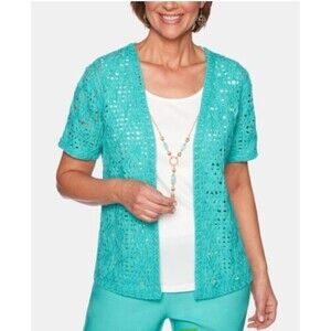 Alfred Dunner Coastal Drive Women’s Top Aqua Short Sleeve Size 1X